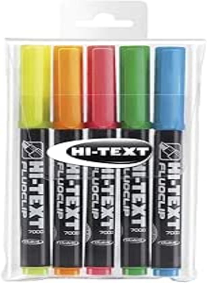 HI-TEXT 7000 FLUOCLIP Highlighter Chisel Tip Pack of 5 Assorted Colours